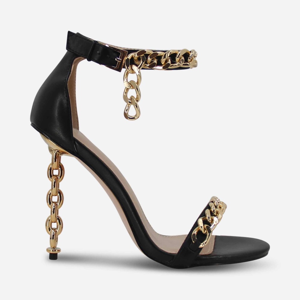 Women’s Ankle Strap Gold Chain Detail High Heel Sandal in Black Faux Leather - Picture 2 of 16